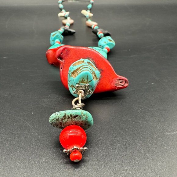 Vintage Native American Turquoise Coral Necklace Fetish Birds Skulls Chunky Bead - Picture 6 of 10